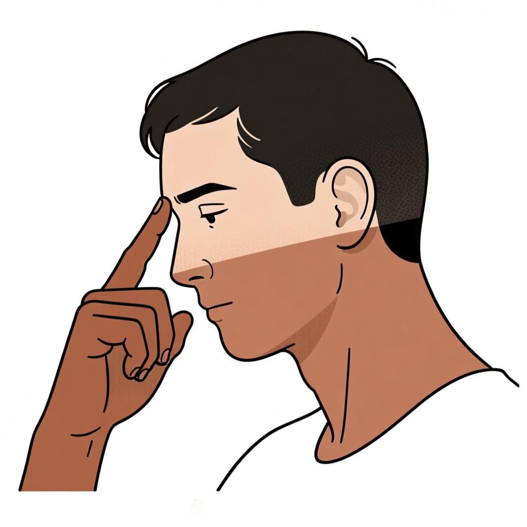 Uma pessoa de perfil tocando a têmpora com o dedo, indicando pensamento profundo ou concentração.