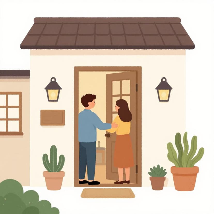 Une personne amicale se tenant à une porte ouverte, accueillant un voyageur avec une valise dans une maison chaleureuse.