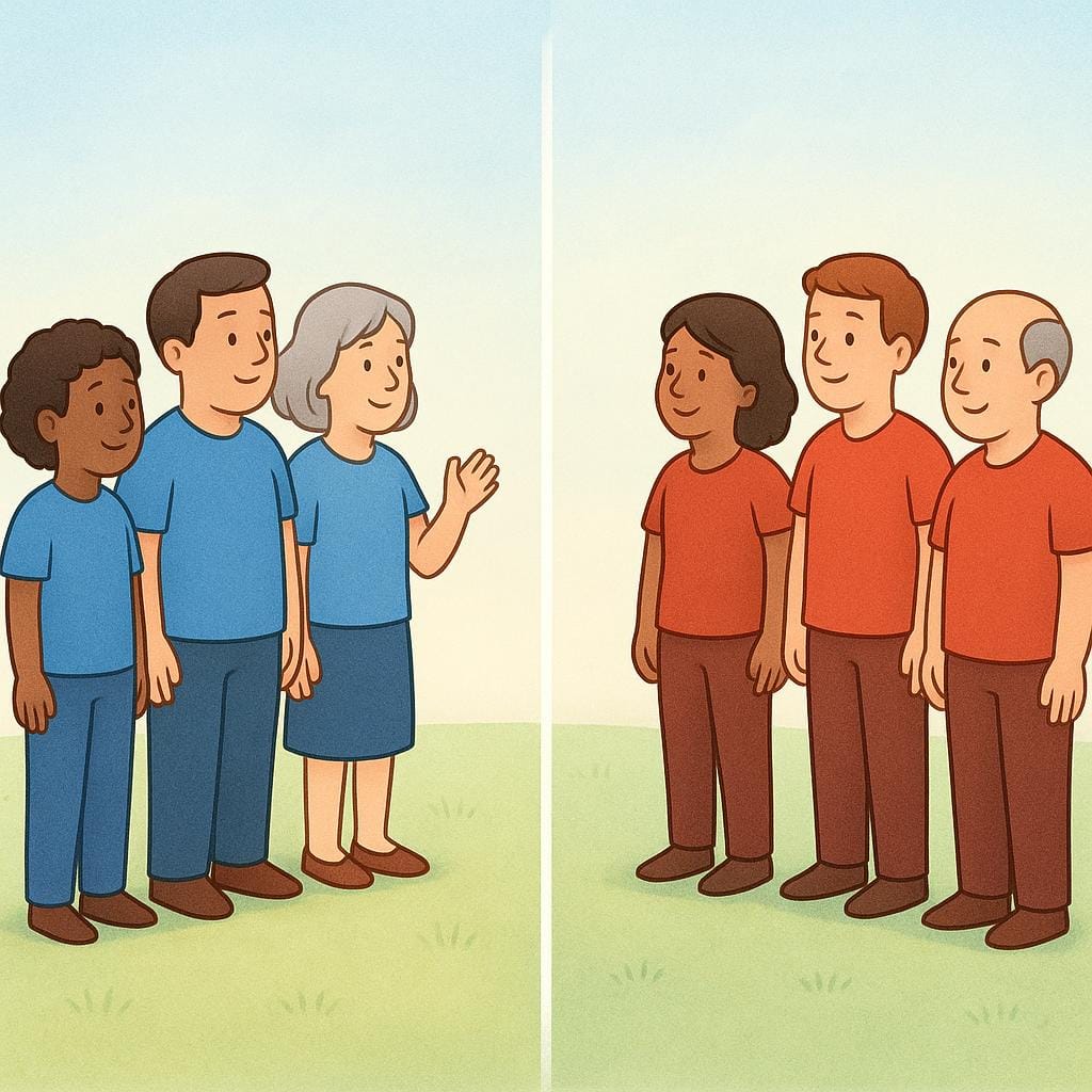 Two distinct groups of four cartoon characters, one group wearing blue shirts and the other group wearing red shirts, standing across a clear dividing line from each other, indicating opposing sides.