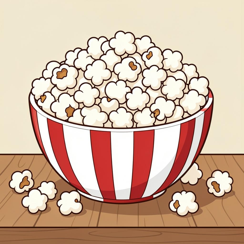 A bright red-and-white striped bowl filled to the brim with fluffy, white popped popcorn.