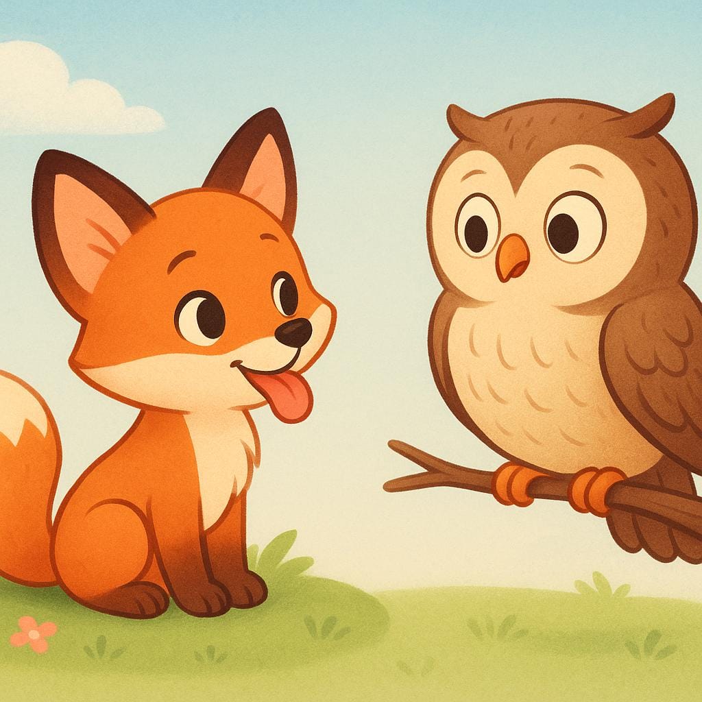 A mischievous fox cub sticking its tongue out in a cheeky manner at a large, surprised owl.