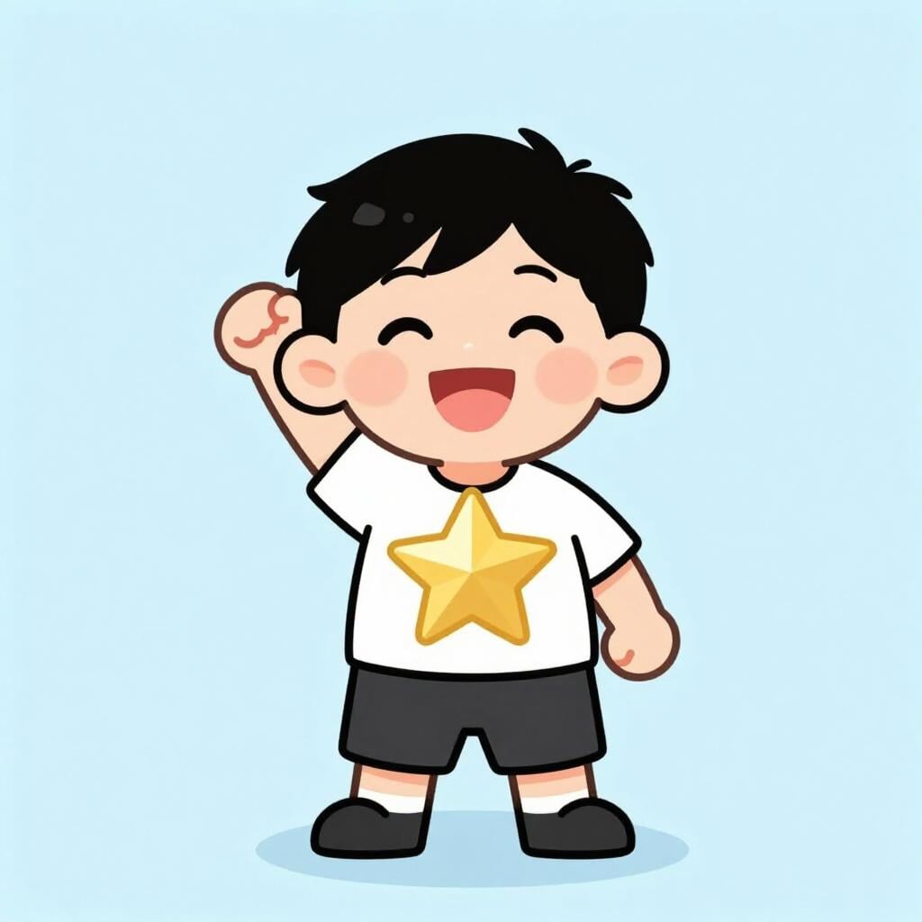 A child standing tall with a big smile and a gold star pinned to their shirt.