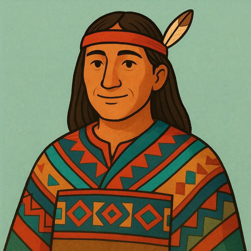 A colorful storybook illustration of an Indigenous person from the Americas, depicted in traditional clothing, looking thoughtful.