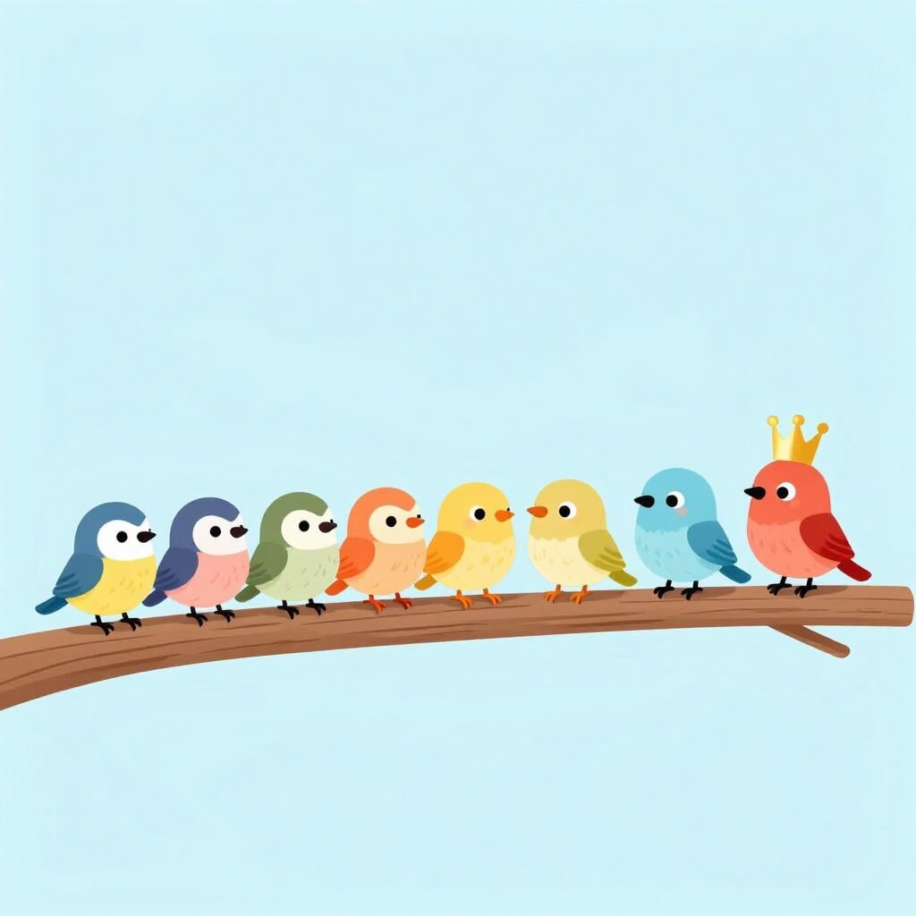 A row of ten colorful birds on a branch, with the tenth bird highlighted and wearing a small crown.