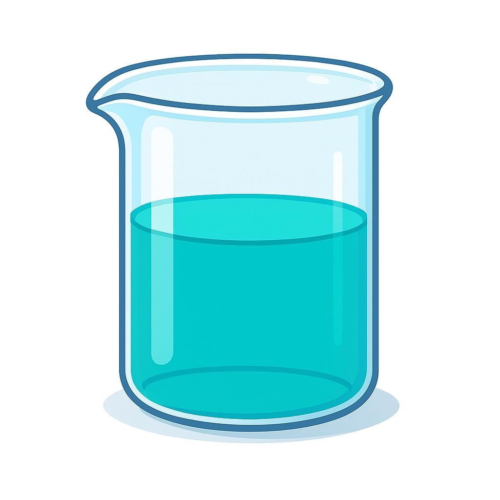 A colorful storybook illustration of a clear glass laboratory beaker filled with a uniform bright turquoise liquid, representing a chemical solution.