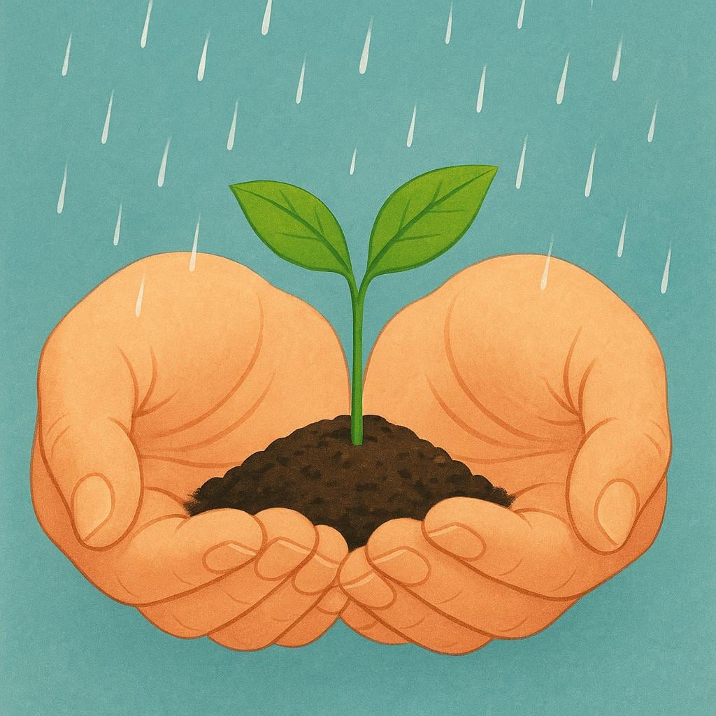 A small, bright green seedling is safely nestled inside a pair of large, gentle hands, shielding it from light drizzle.