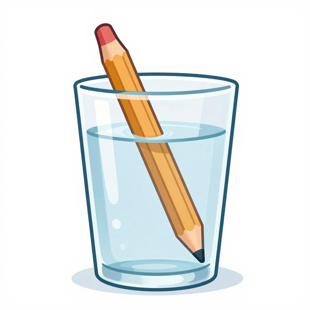 Un bâton en bois droit partiellement immergé dans un verre d'eau, apparaissant courbé et brisé là où il entre dans le liquide.