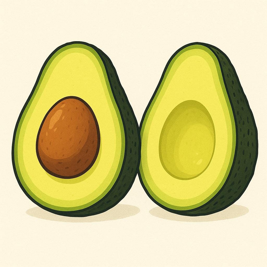 A ripe avocado sliced in half, clearly showing the creamy green inner flesh contrasted with the dark outer peel and the central pit.