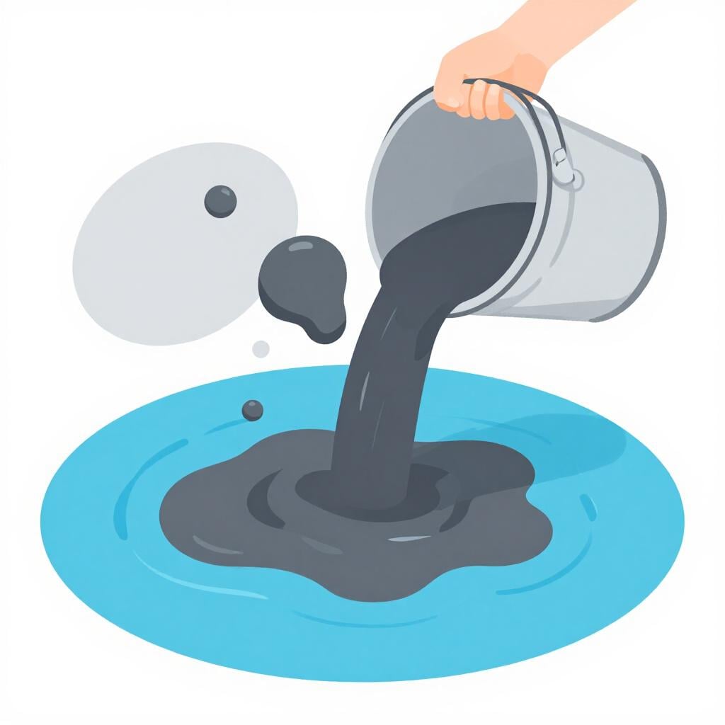 A hand pouring a bucket of dark sludge into a clear blue pond.