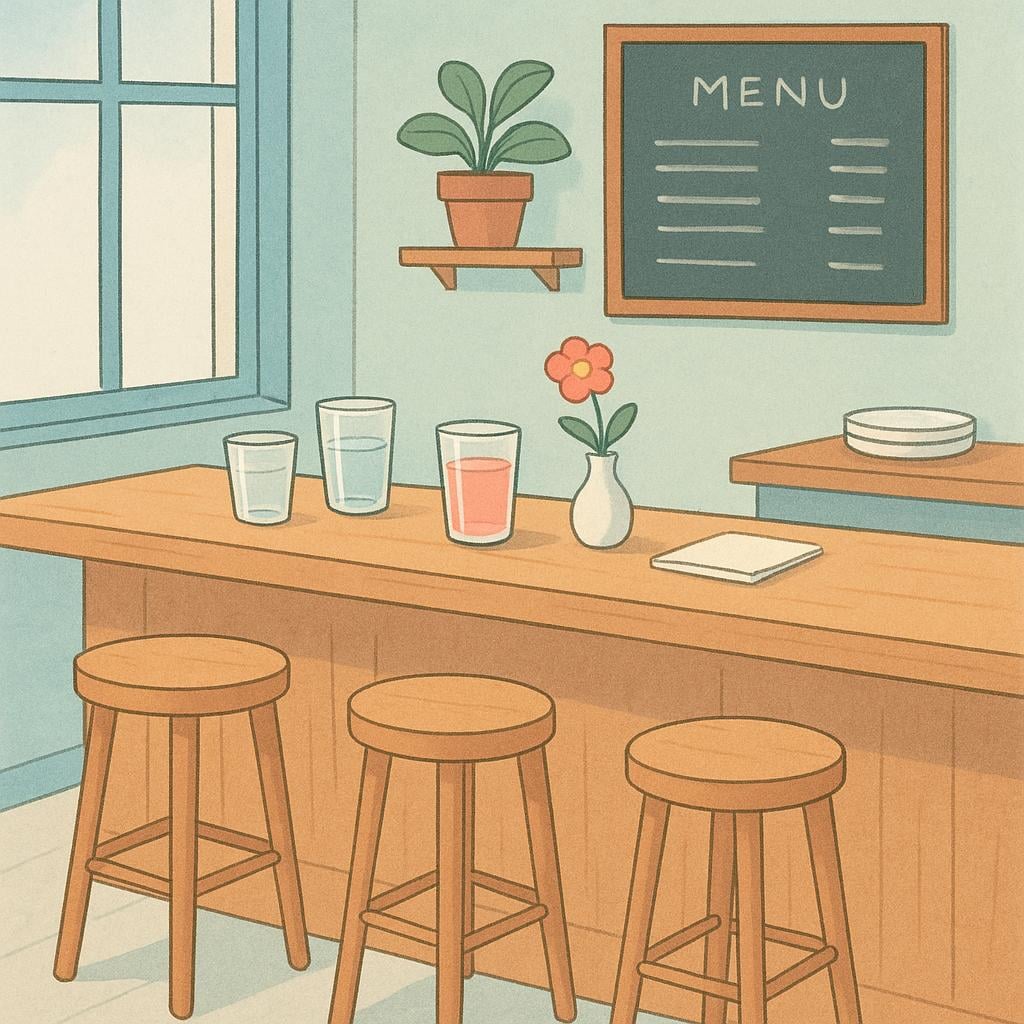 A cozy interior of a small cafe with wooden stools and a counter with drinks.