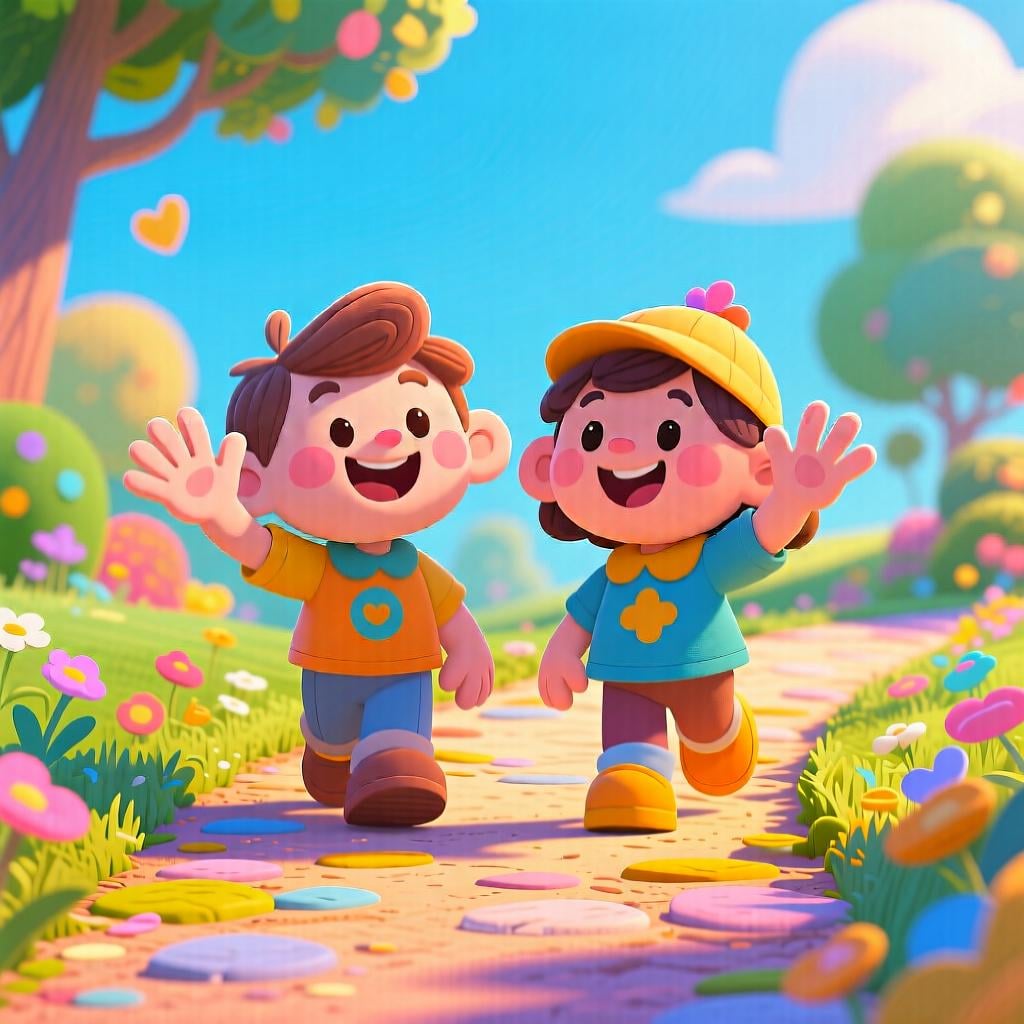 Two stylized figures greeting each other with a warm wave.