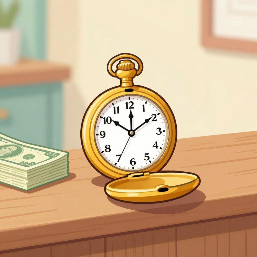 A wooden counter with a gold watch being exchanged for a stack of cash.