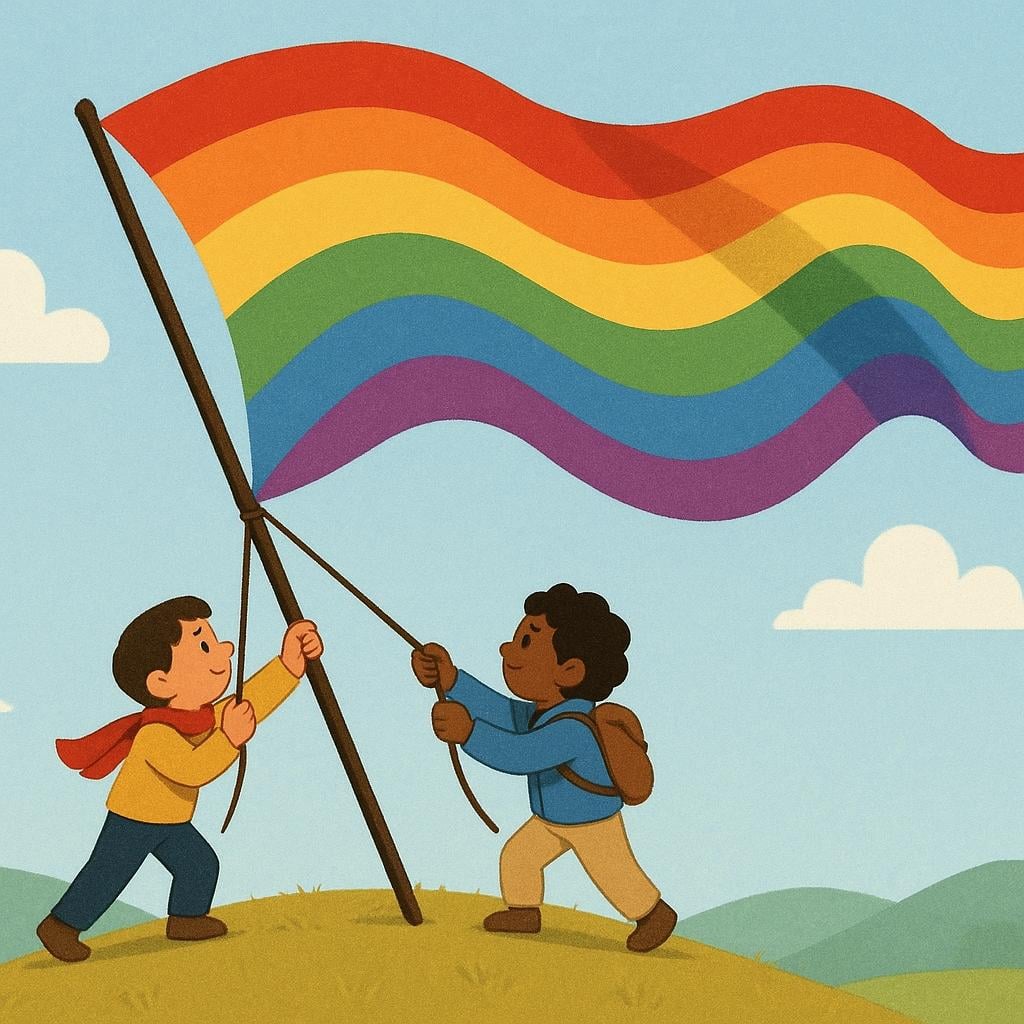 Two small figures standing on a hill, working together to raise a large colorful banner high into the air, symbolizing their shared past ability to complete the task.