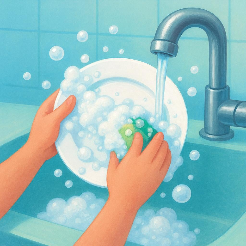 A pair of hands scrubbing a white ceramic plate under a stream of clear water from a faucet with soap bubbles.
