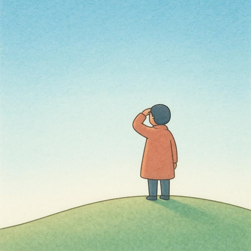 A simple storybook illustration of a lone figure standing on a gentle green hill, shading their eyes with one hand while looking intently toward a bright, empty horizon.