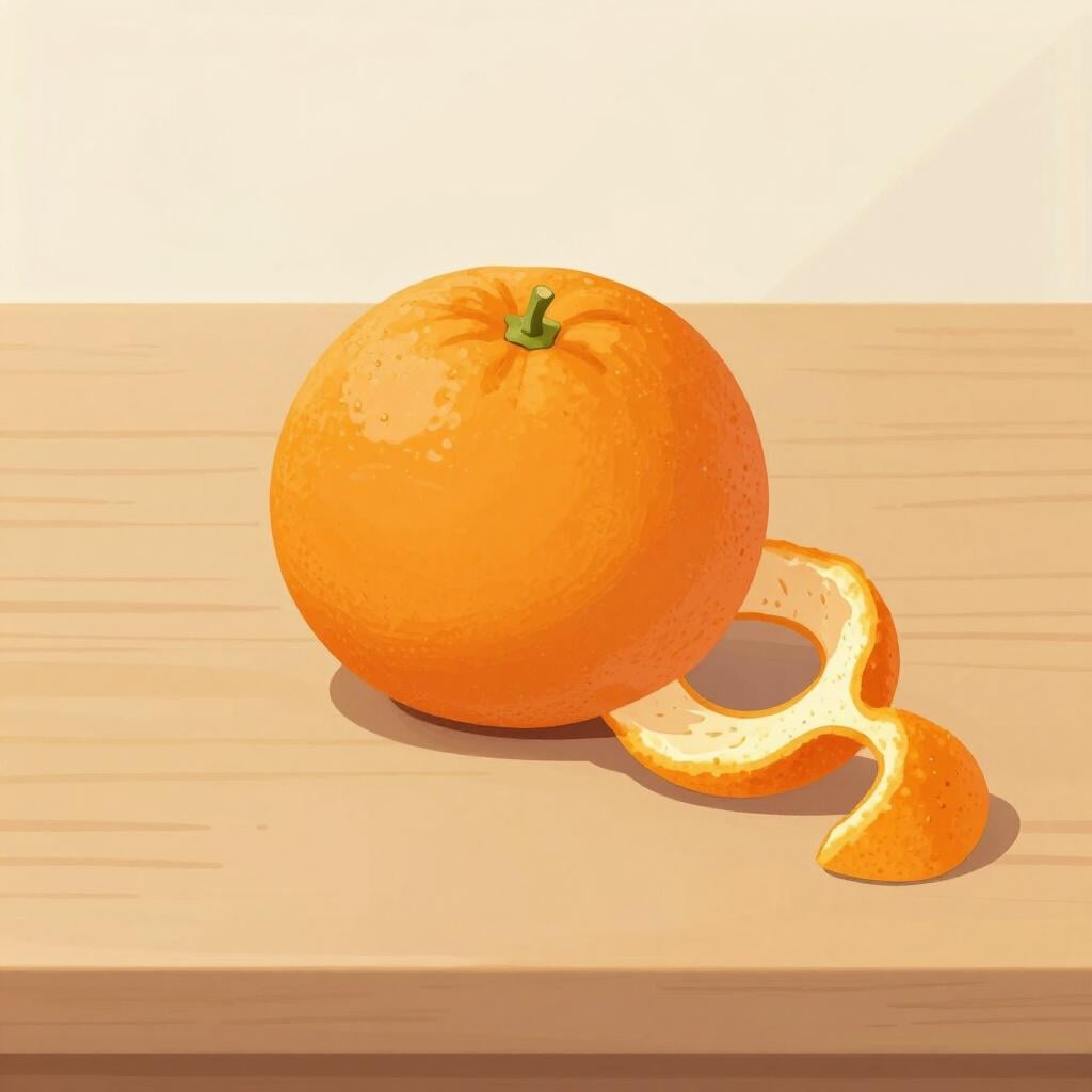 Uma casca de laranja brilhante enrolada sobre uma superfície de madeira ao lado de uma laranja descascada.