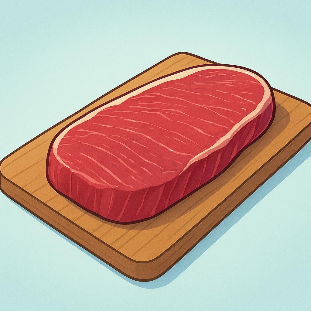 A thick, raw, oblong cut of flank steak resting on a wooden cutting board, ready for cooking.