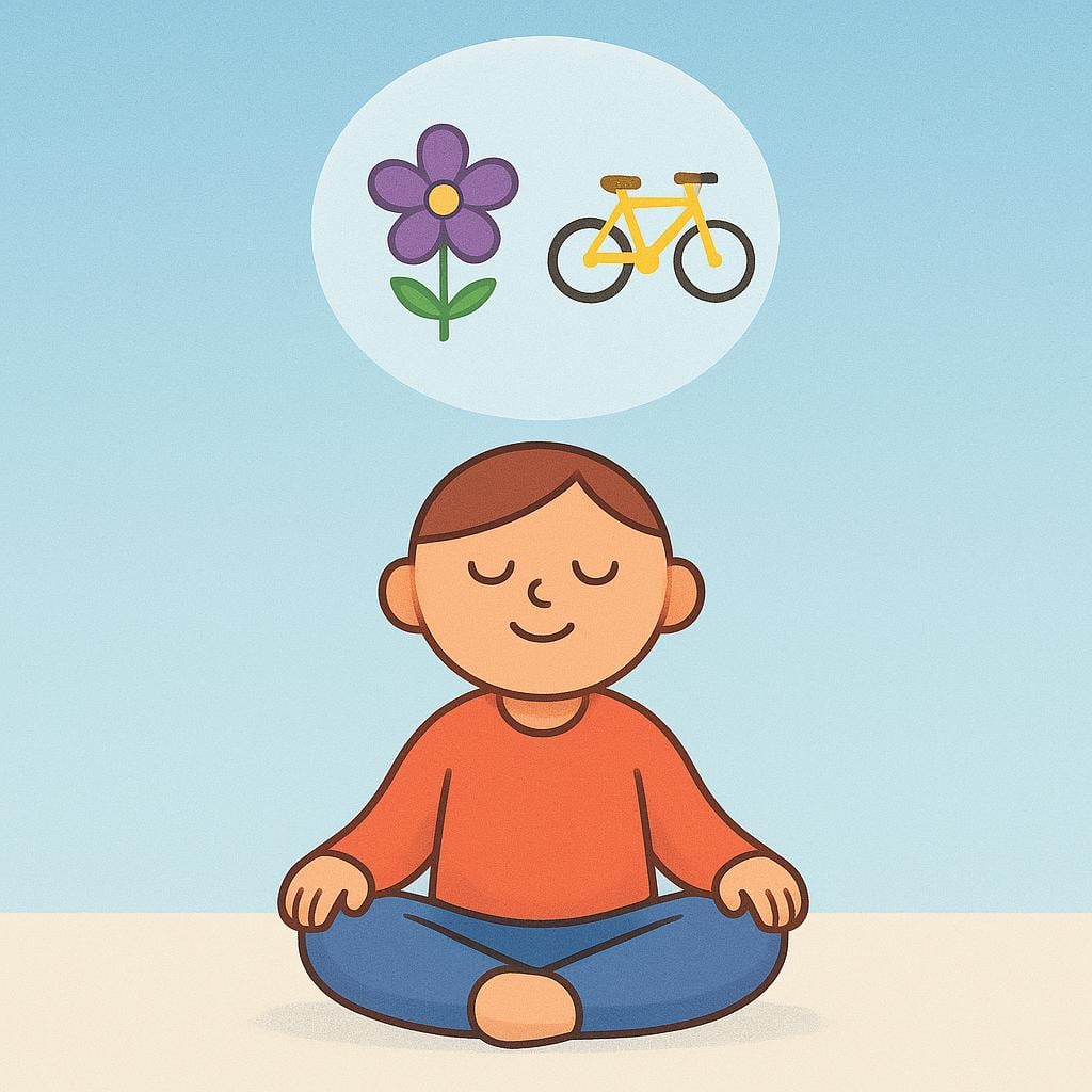 A stylized child sitting calmly. Above the child's head, a clear thought bubble contains two small, distinct visualizations: a purple flower and a yellow bicycle, representing mental images.
