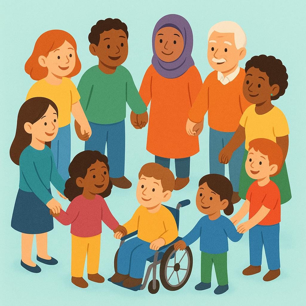 A diverse group of adults and children standing close together, symbolizing a unified community or institution.