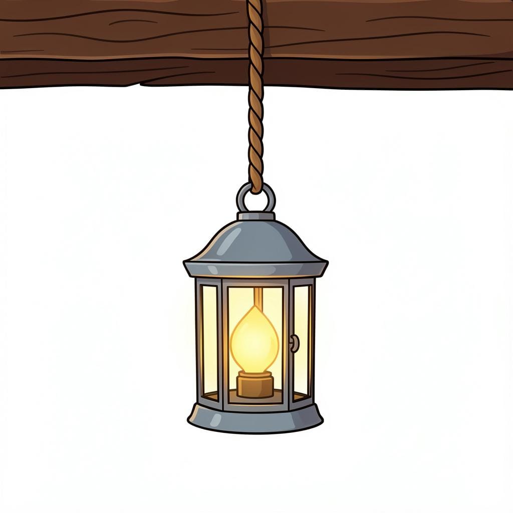 A decorative lantern hanging from a wooden beam by a thick rope.