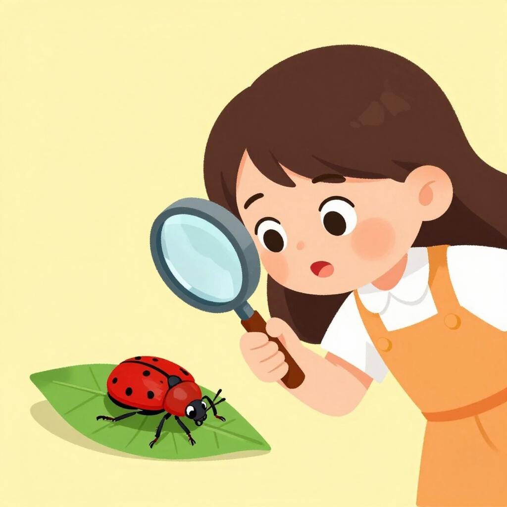 小さな女の子が大きな虫眼鏡で緑の葉っぱにいるカラフルなカブトムシを覗き込んでいる。