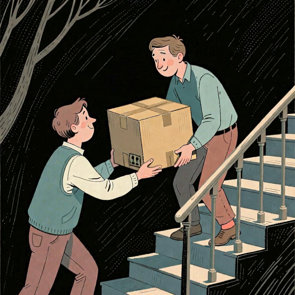 A person helping another person carry a heavy box up some stairs, illustrating a kind act or favor.