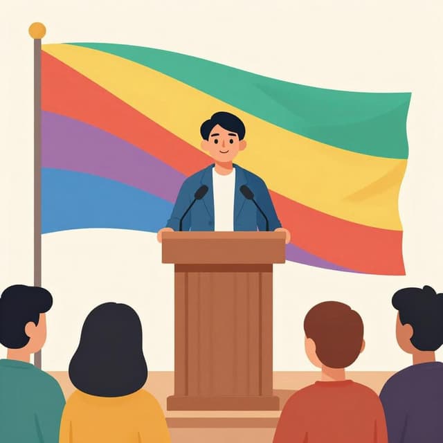 Une personne se tient à un podium avec un drapeau derrière elle, s'adressant à un groupe de personnes.