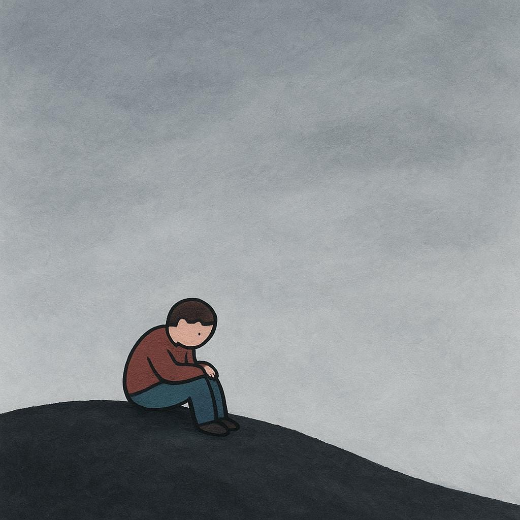 A small, solitary figure sitting slumped on a dark, barren hill under a heavy, colorless sky, illustrating deep hopelessness.