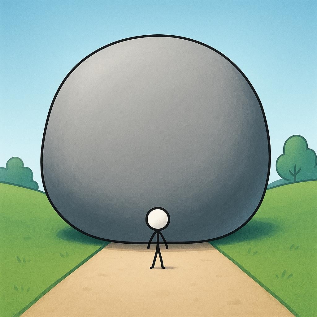 A tiny, simple figure standing in front of a massive, insurmountable grey boulder that completely blocks the way forward.