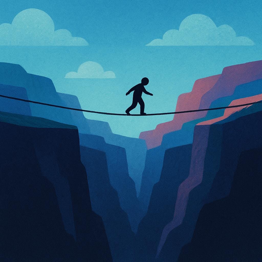 A tiny silhouetted figure carefully walking across a very thin rope suspended high over a deep, dark canyon, illustrating a critical or precarious situation.