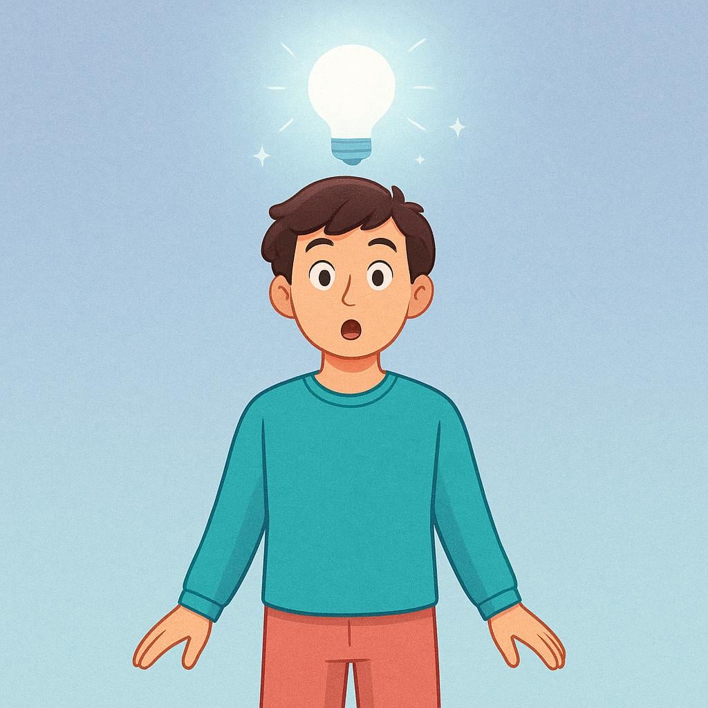 A person with wide eyes showing a look of sudden realization, illuminated by a bright glow above their head.