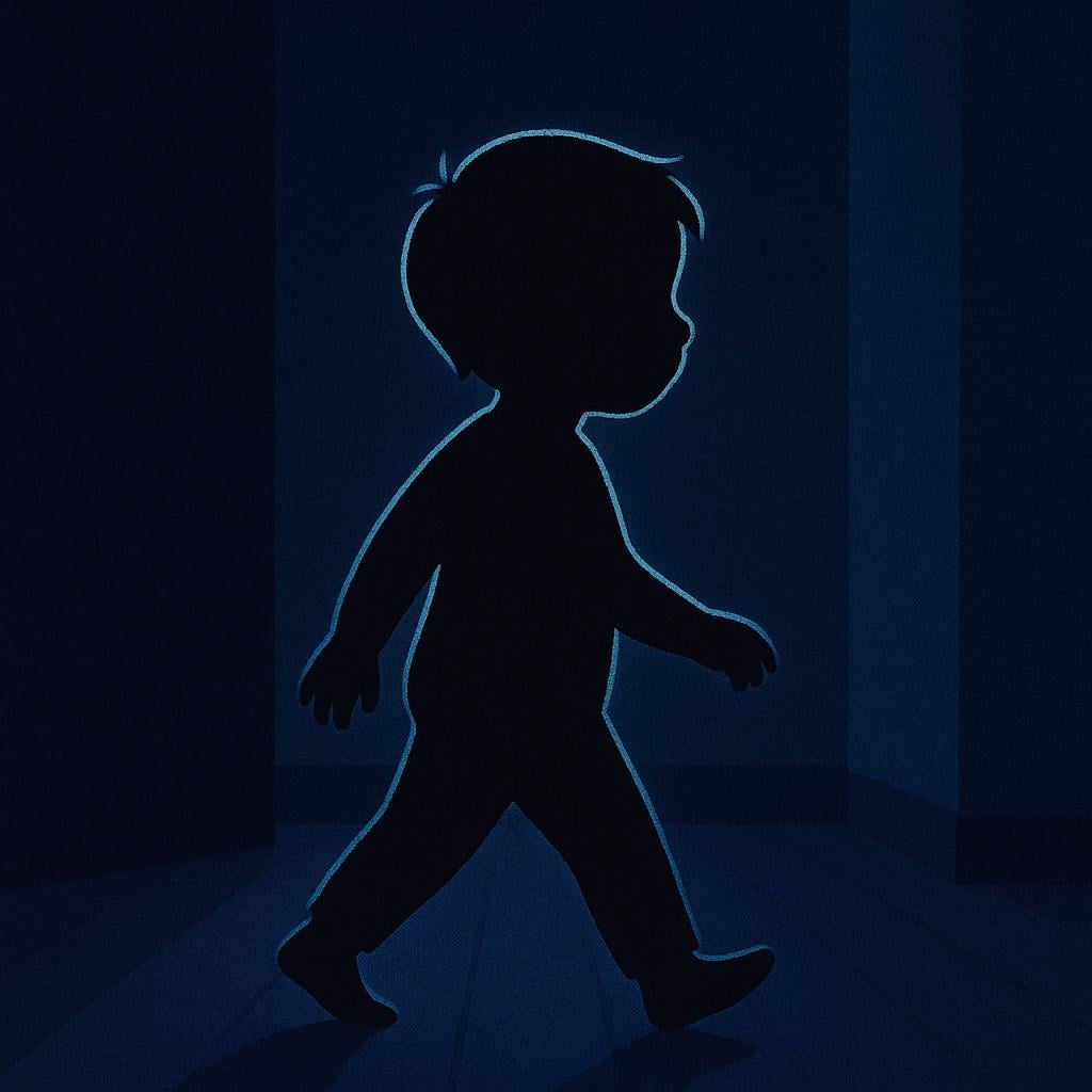 A simple silhouette of a child walking across a floor in a room completely shrouded in deep shadows and darkness, representing the state of being without light.