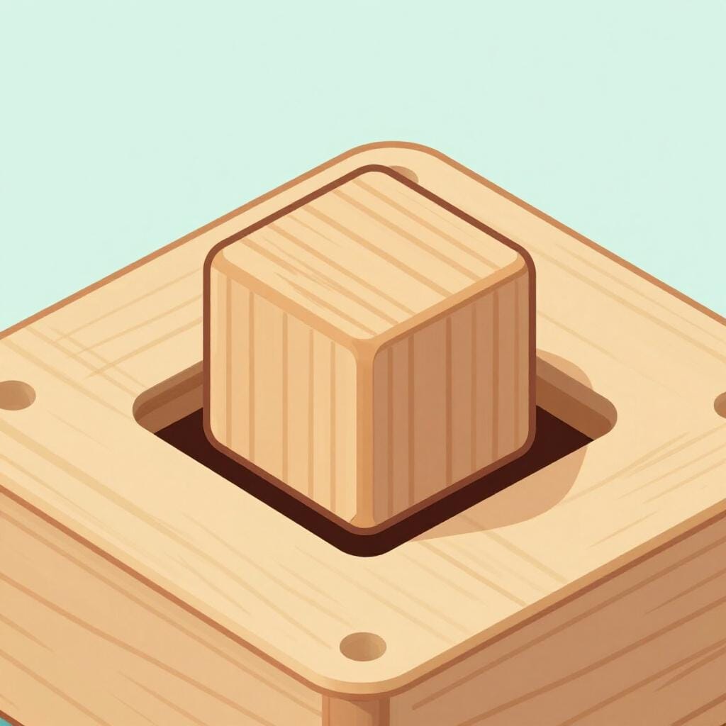 Ein quadratischer Holzklotz, der perfekt in ein quadratisches Loch in einer Kinderspielzeugkiste passt.