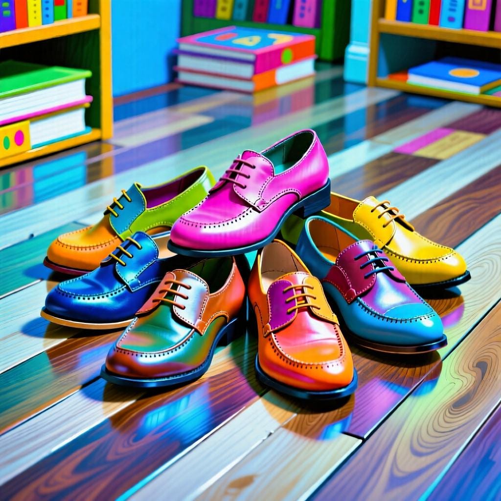 A small pile of several brightly colored, distinct leather shoes scattered neatly on a polished wooden floor.