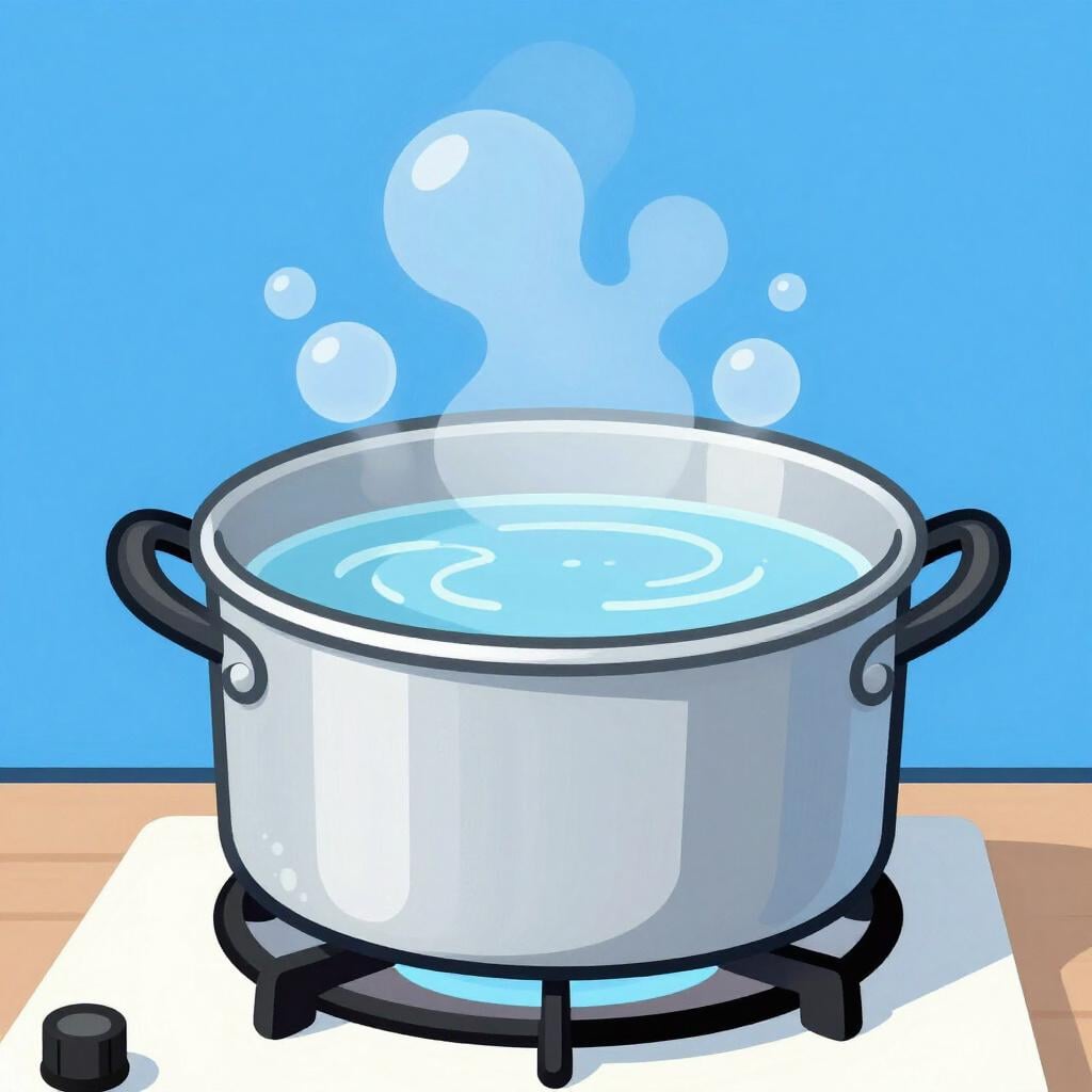 A pot of water boiling on a stove with steam rising.