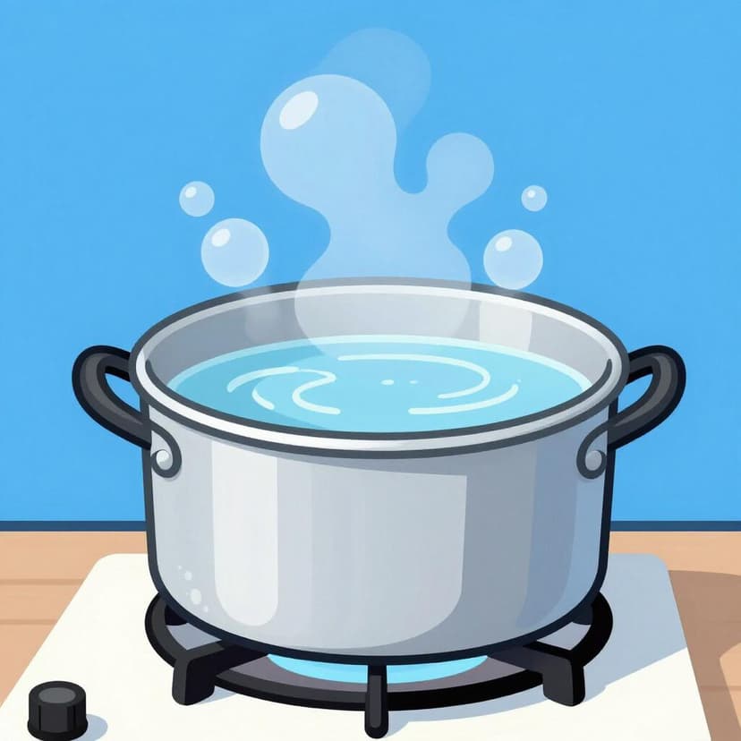 A pot of water boiling on a stove with steam rising.