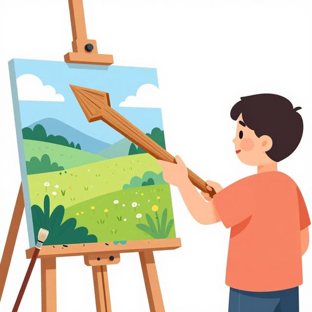 A hand pointing a wooden arrow at a painter standing next to a canvas.