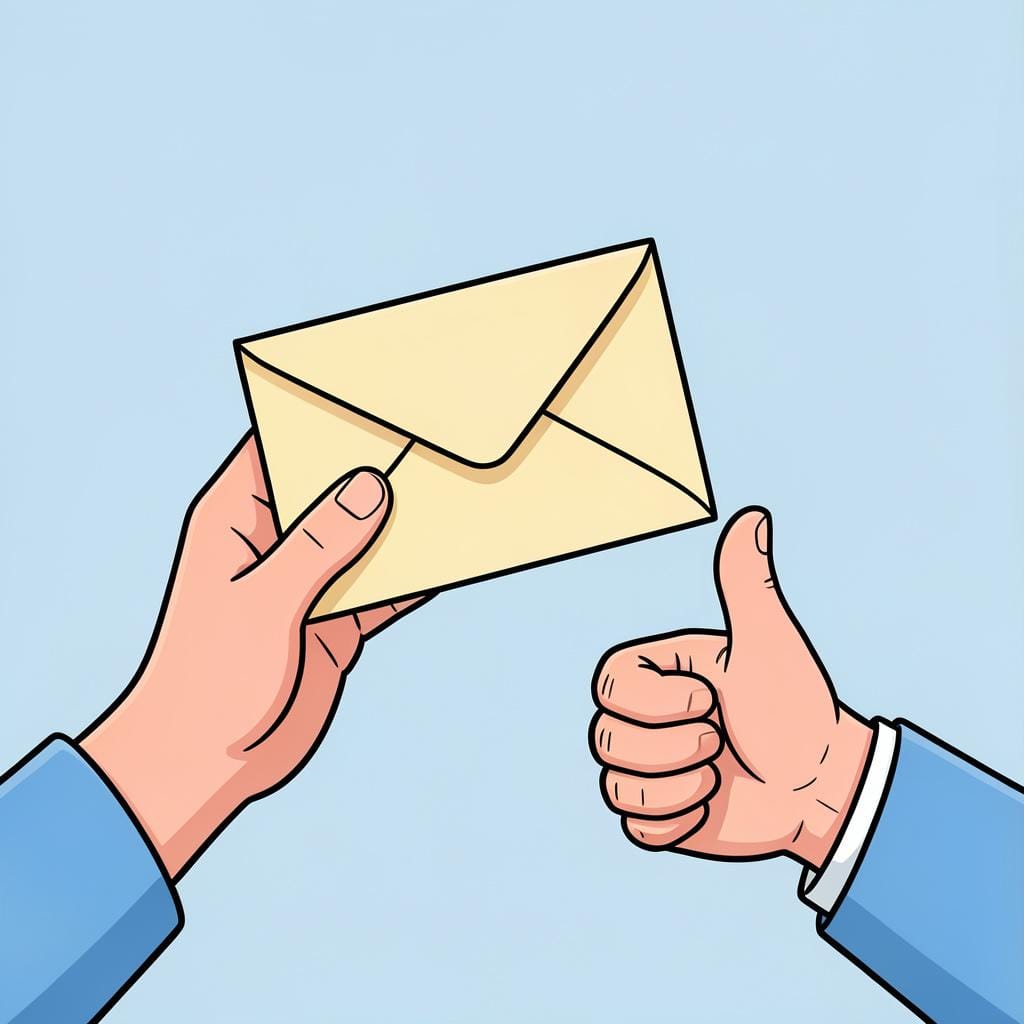 A person holding a sealed envelope and giving a thumbs up.