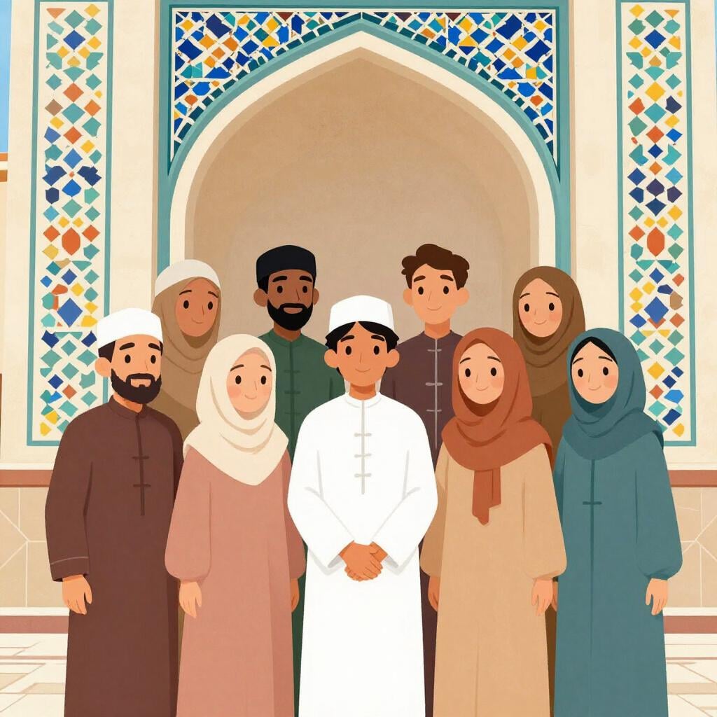 A group of diverse people in traditional clothing standing together in front of an archway with geometric patterns.