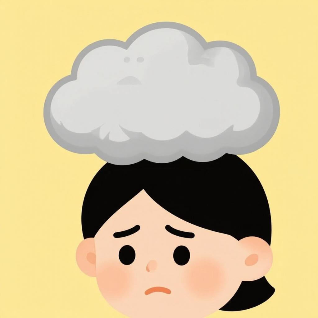A character looking confused with a small, soft grey cloud hovering directly over their head.