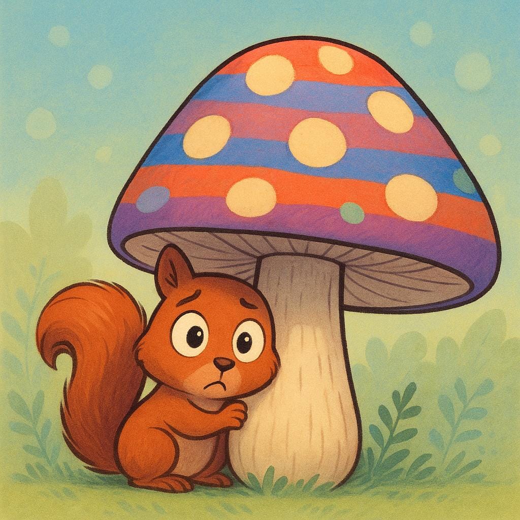 Ein kleines, buntes Eichhörnchen, das sich teilweise hinter einem großen, rot-weiß gepunkteten Pilz versteckt und nervös mit großen Augen hervorlugt.