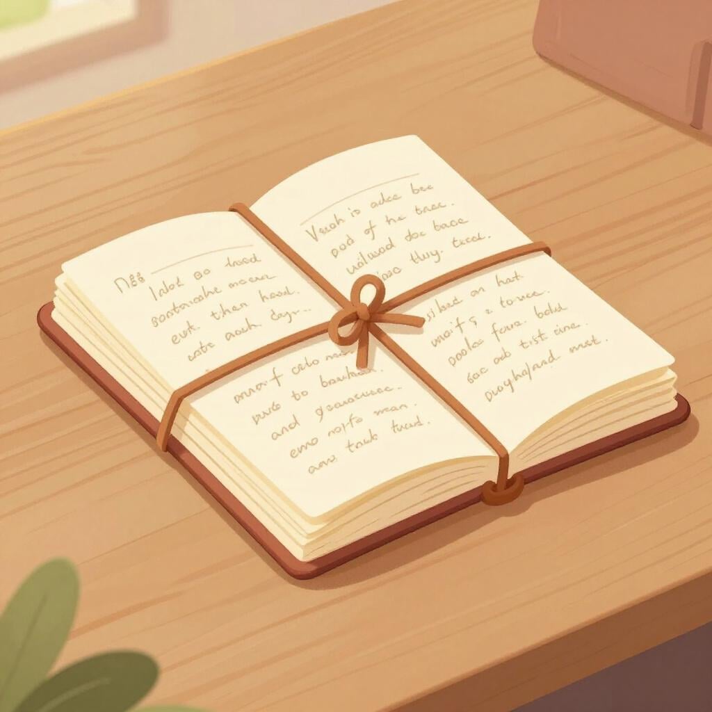 Uma pilha de papéis escritos à mão amarrados com um barbante simples sobre uma escrivaninha de madeira vazia.