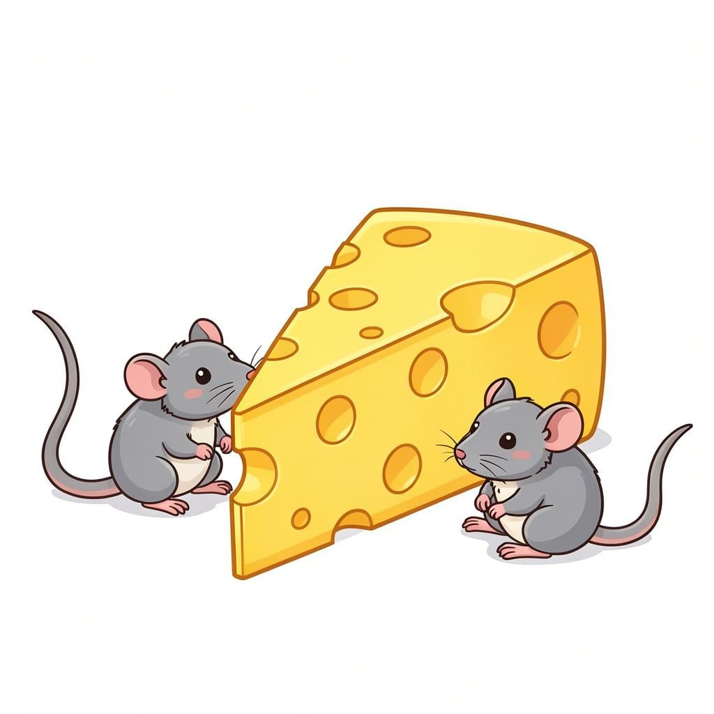 A group of small, cute grey mice eating a piece of yellow cheese.