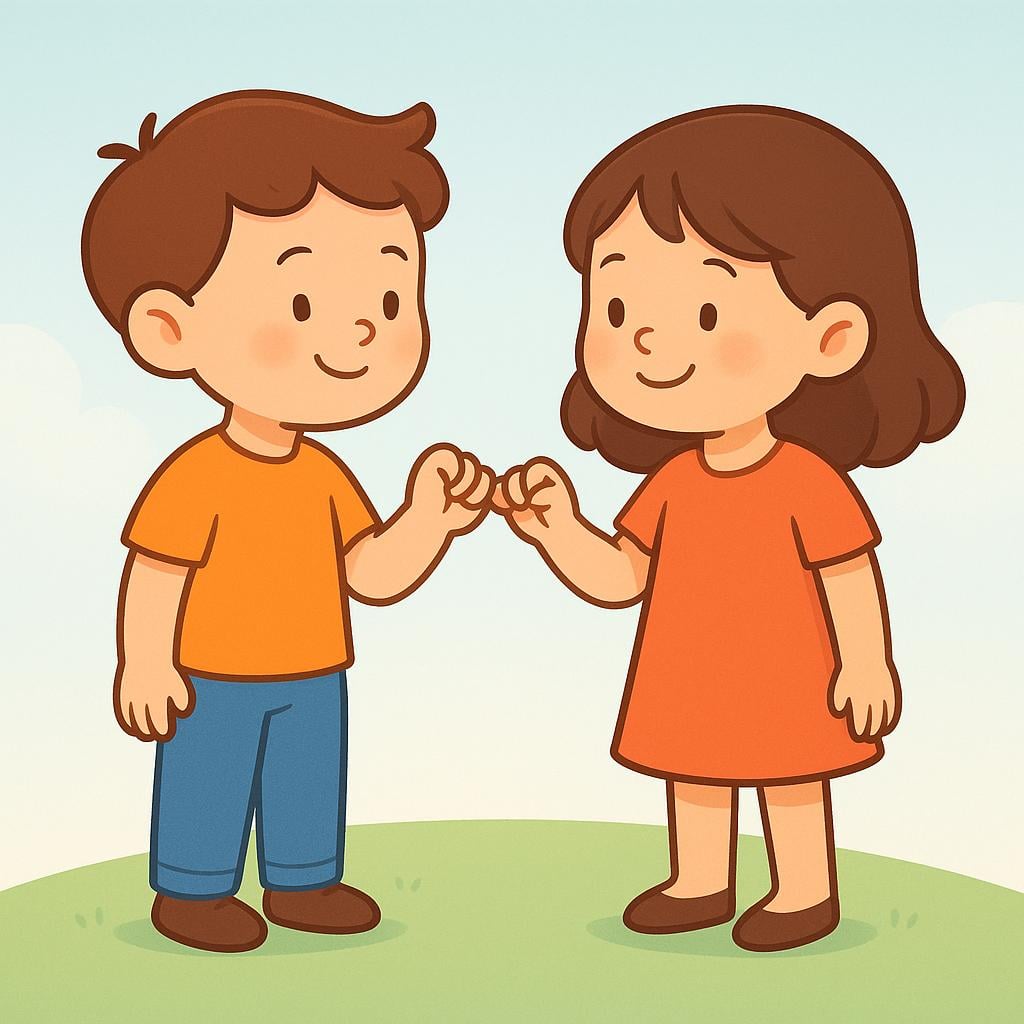 Two friendly, simple characters standing facing each other and linking their pinky fingers to symbolize a verbal agreement or promise.
