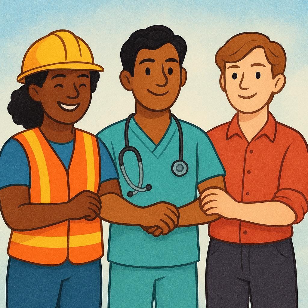 A colorful storybook illustration showing three diverse workers (one in a hard hat, one in scrubs, one in a business shirt) standing shoulder to shoulder, linking arms in a display of collective strength and unity.