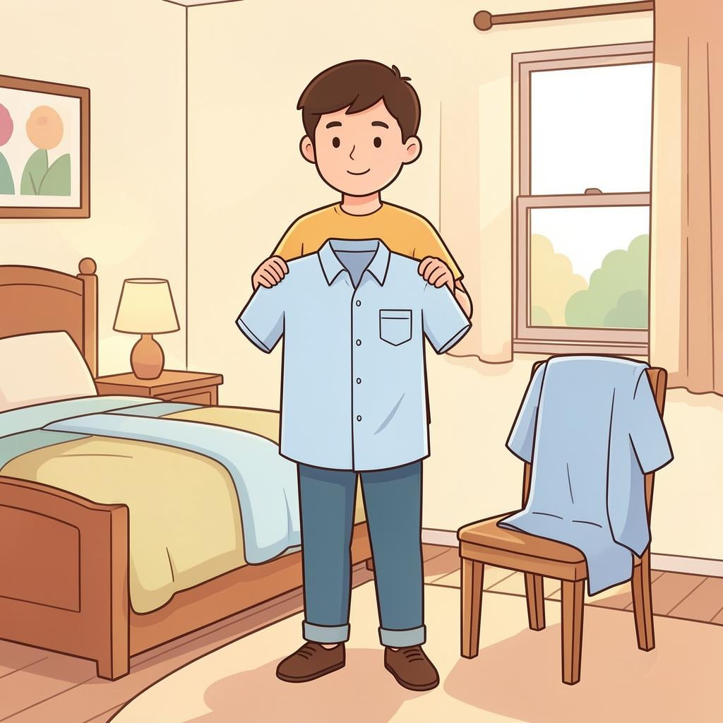 A person holding up a fresh shirt to change their outfit.