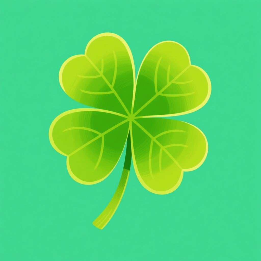 A single, large, vibrant green four-leaf clover is centered on a field of smooth green grass.