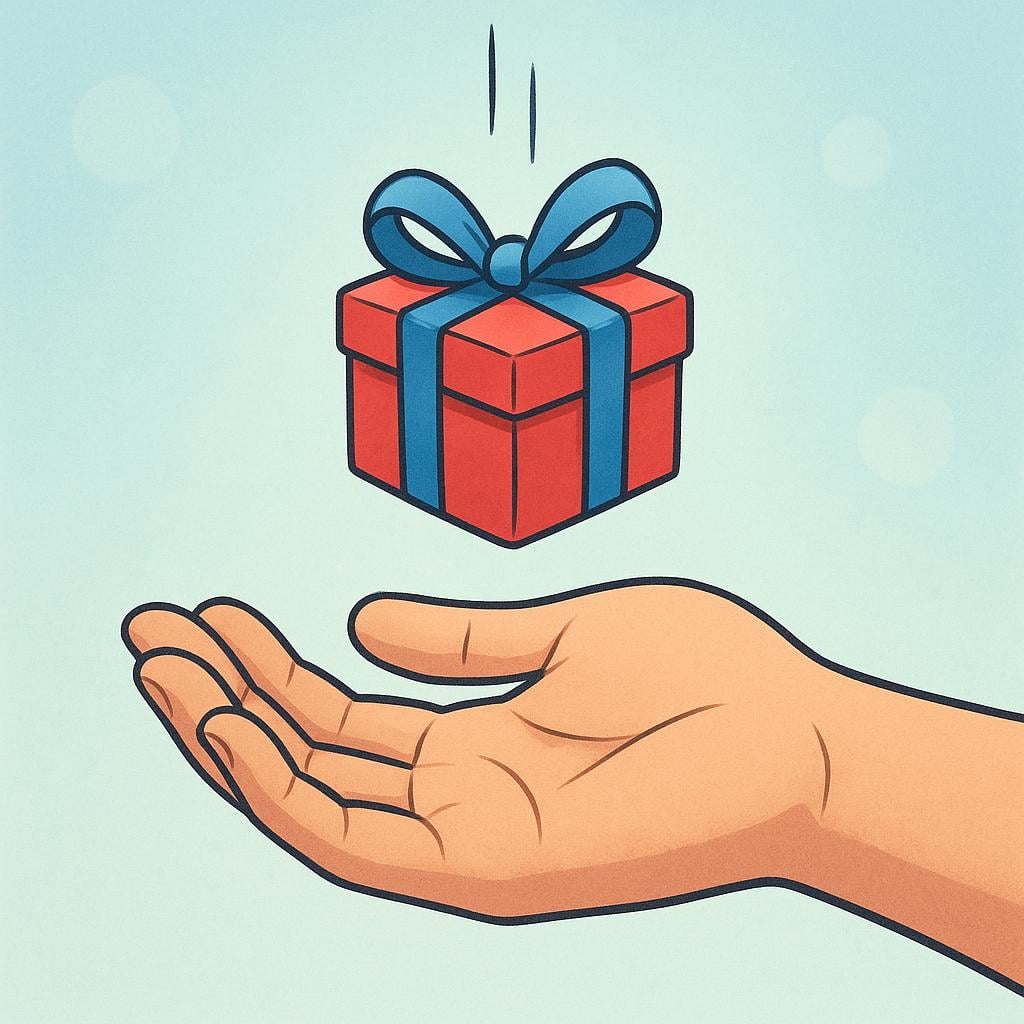 A close-up view of a person's open hand gently catching a small, brightly wrapped gift box that is descending into the palm.