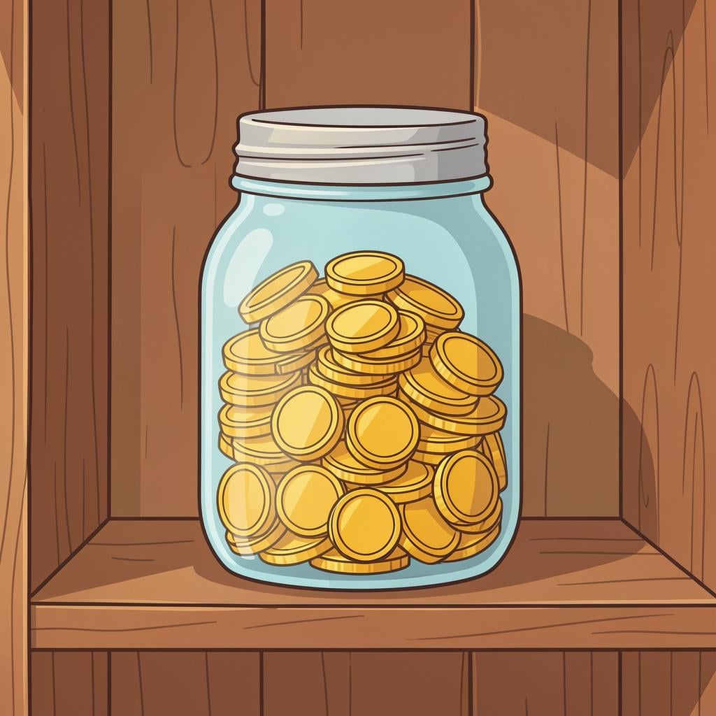 A small pile of gold coins sitting safely inside a glass jar on a shelf.