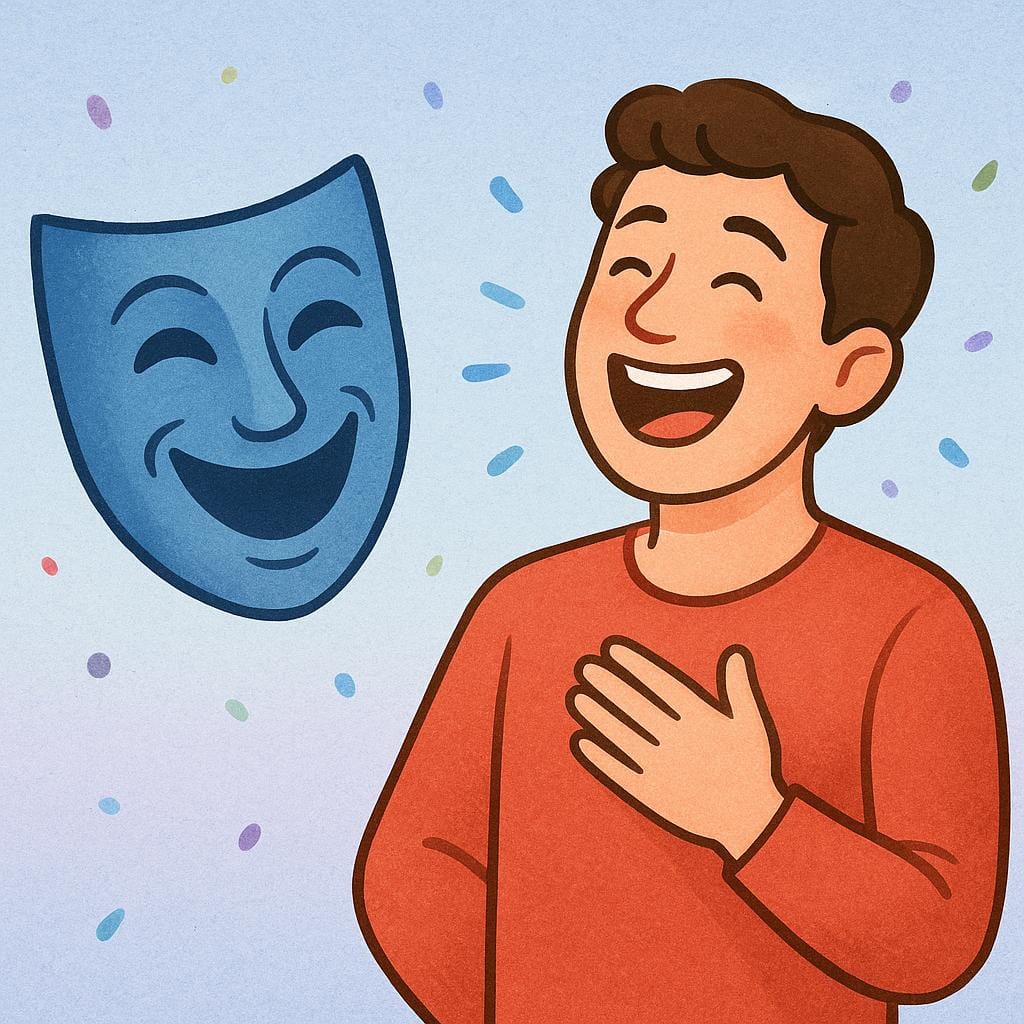 A colorful illustration showing a smiling theatrical mask resting beside a person who is laughing loudly with wide-open eyes and mouth.
